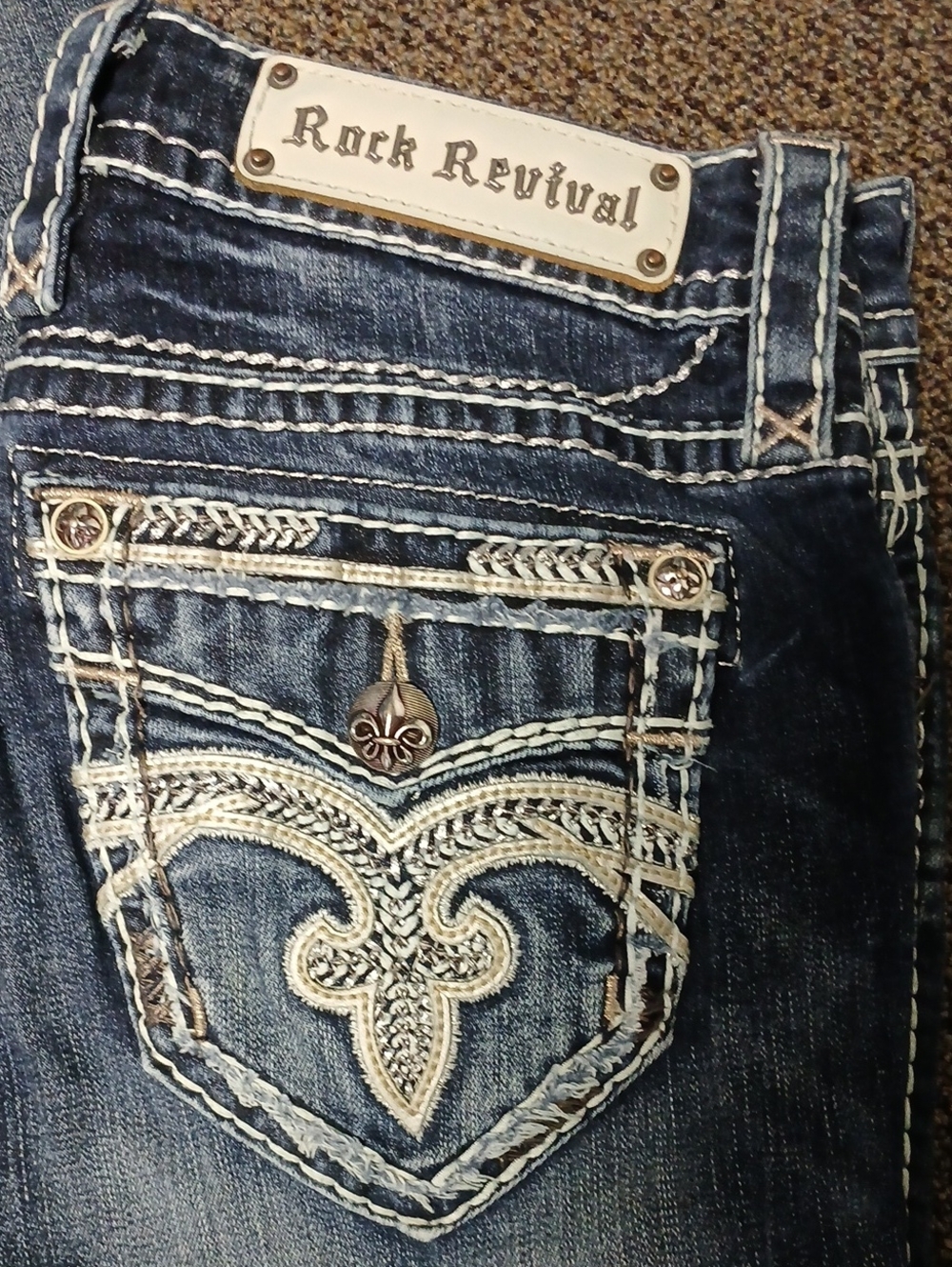 Rock Revival Women's Dark Blue Bootcut Jeans with Cream Embroidery